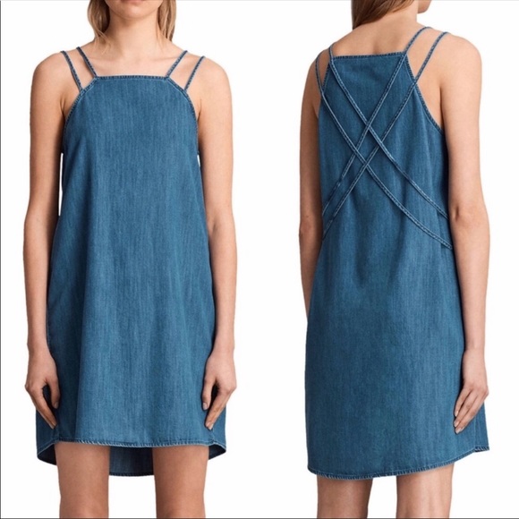 All Saints | Hally Dress Size Small Blue Chambray Strappy Back Detail - Picture 1 of 4